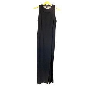 Rimini black halter sleeveless fitted slit mesh back evening gown Size 6